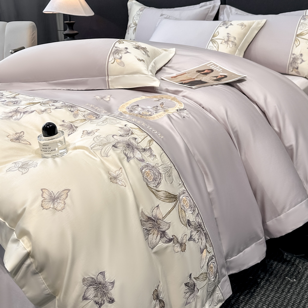 91家纺网 家纺一手货源 找家纺 欧乐蒂 2026新款亲肤棉刺绣四件套-花语 花语-雅灰