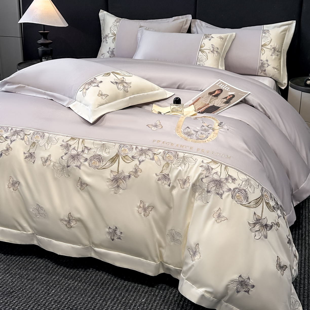 欧乐蒂 2026新款亲肤棉刺绣四件套-花语 花语-雅灰