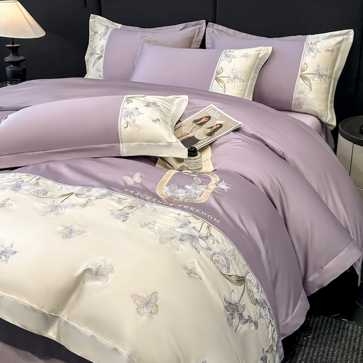 91家纺网 家纺一手货源 找家纺 欧乐蒂 2026新款亲肤棉刺绣四件套-花语 花语-黛紫