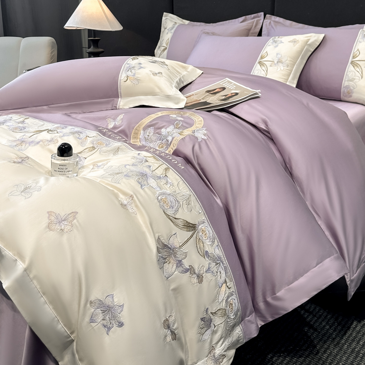 91家纺网 家纺一手货源 找家纺 欧乐蒂 2026新款亲肤棉刺绣四件套-花语 花语-黛紫