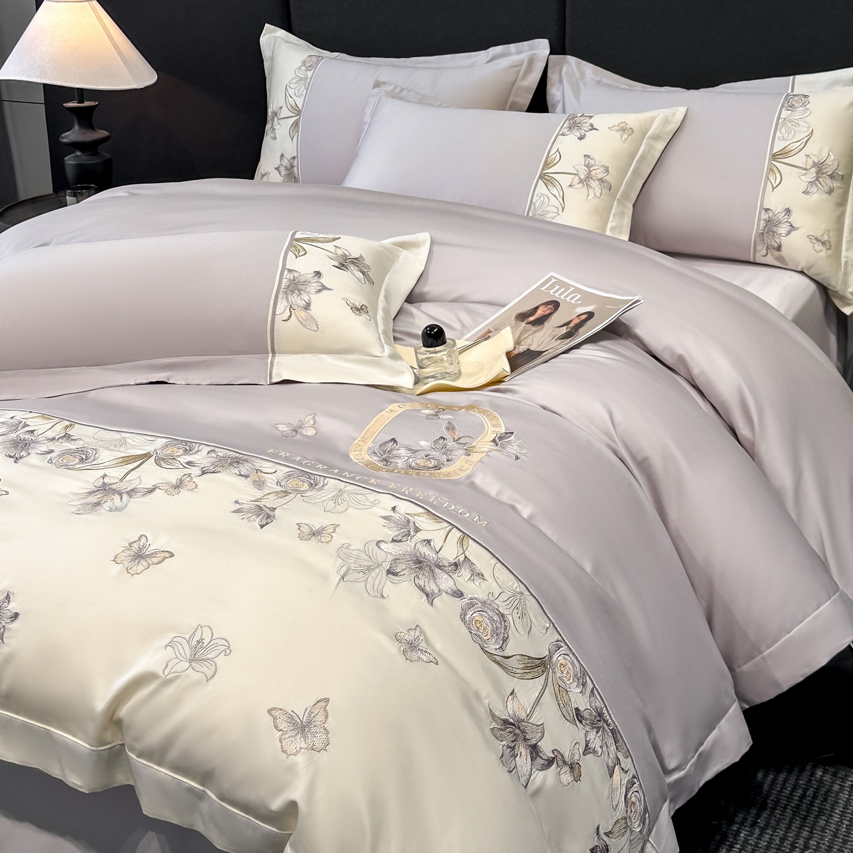 91家纺网 家纺一手货源 找家纺 欧乐蒂 2026新款亲肤棉刺绣四件套-花语 花语-雅灰