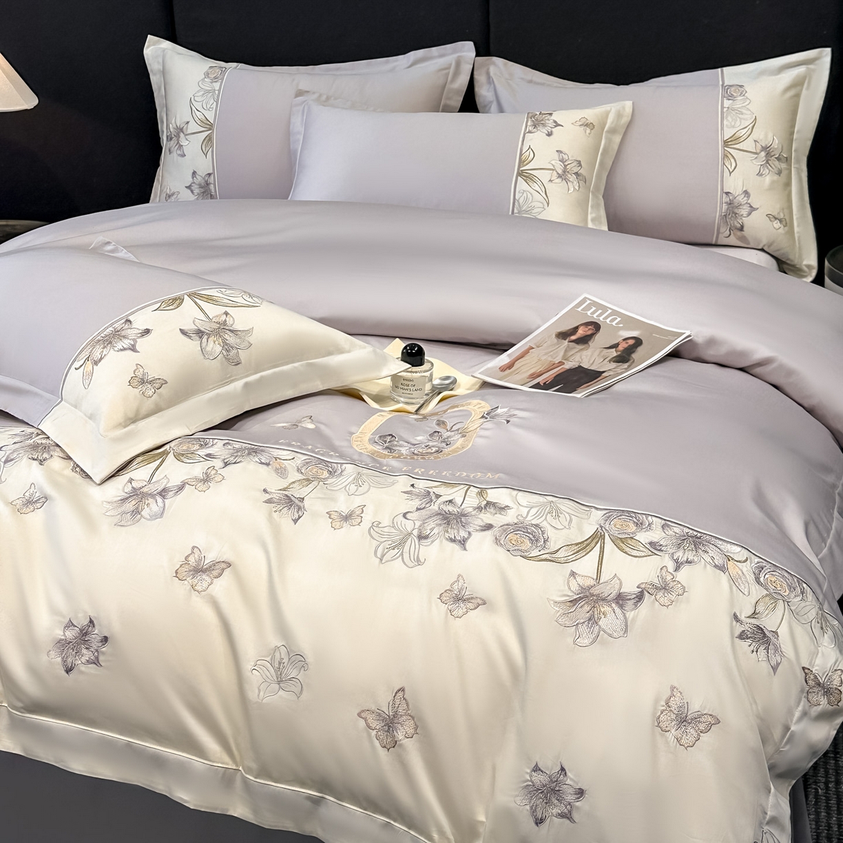 91家纺网 家纺一手货源 找家纺 欧乐蒂 2026新款亲肤棉刺绣四件套-花语 花语-雅灰