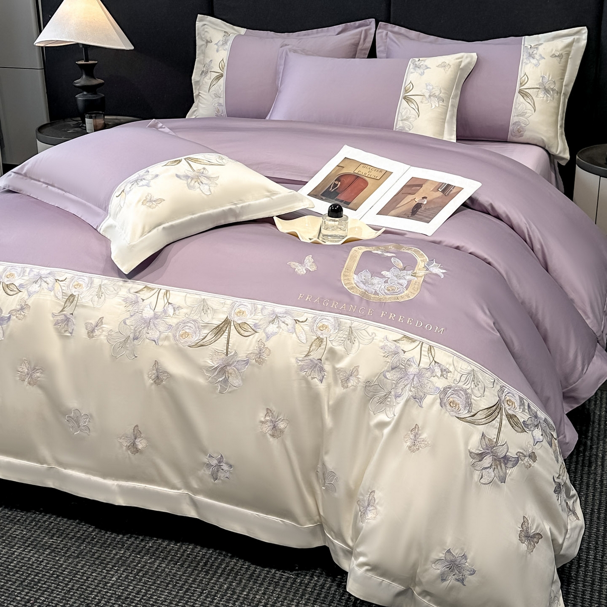 91家纺网 家纺一手货源 找家纺 欧乐蒂 2026新款亲肤棉刺绣四件套-花语 花语-黛紫