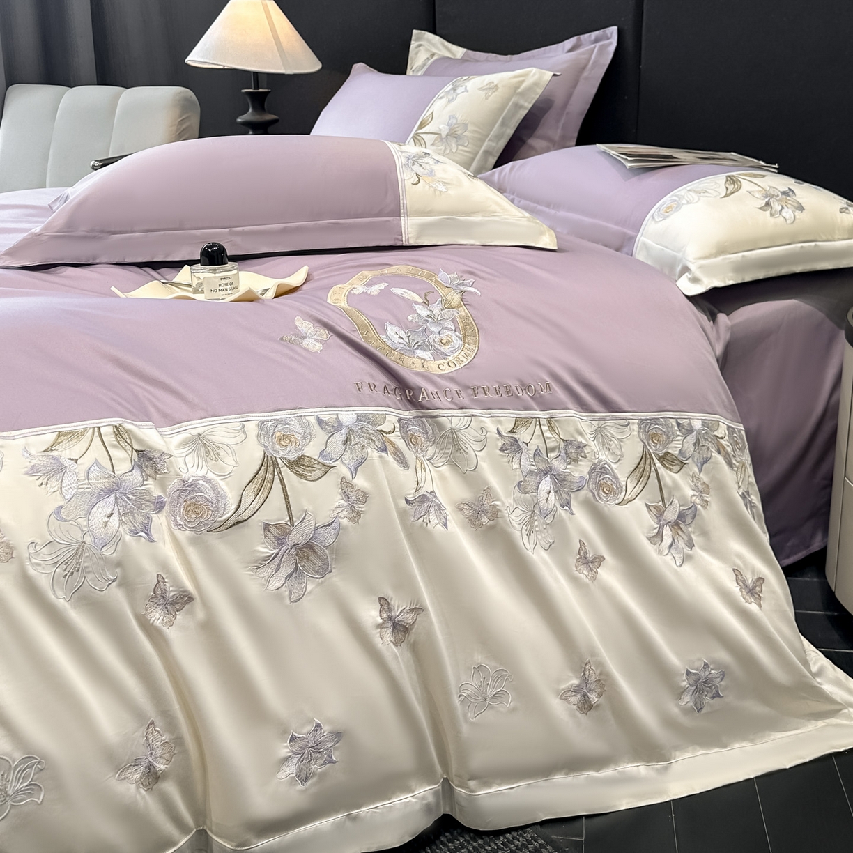 91家纺网 家纺一手货源 找家纺 欧乐蒂 2026新款亲肤棉刺绣四件套-花语 花语-黛紫