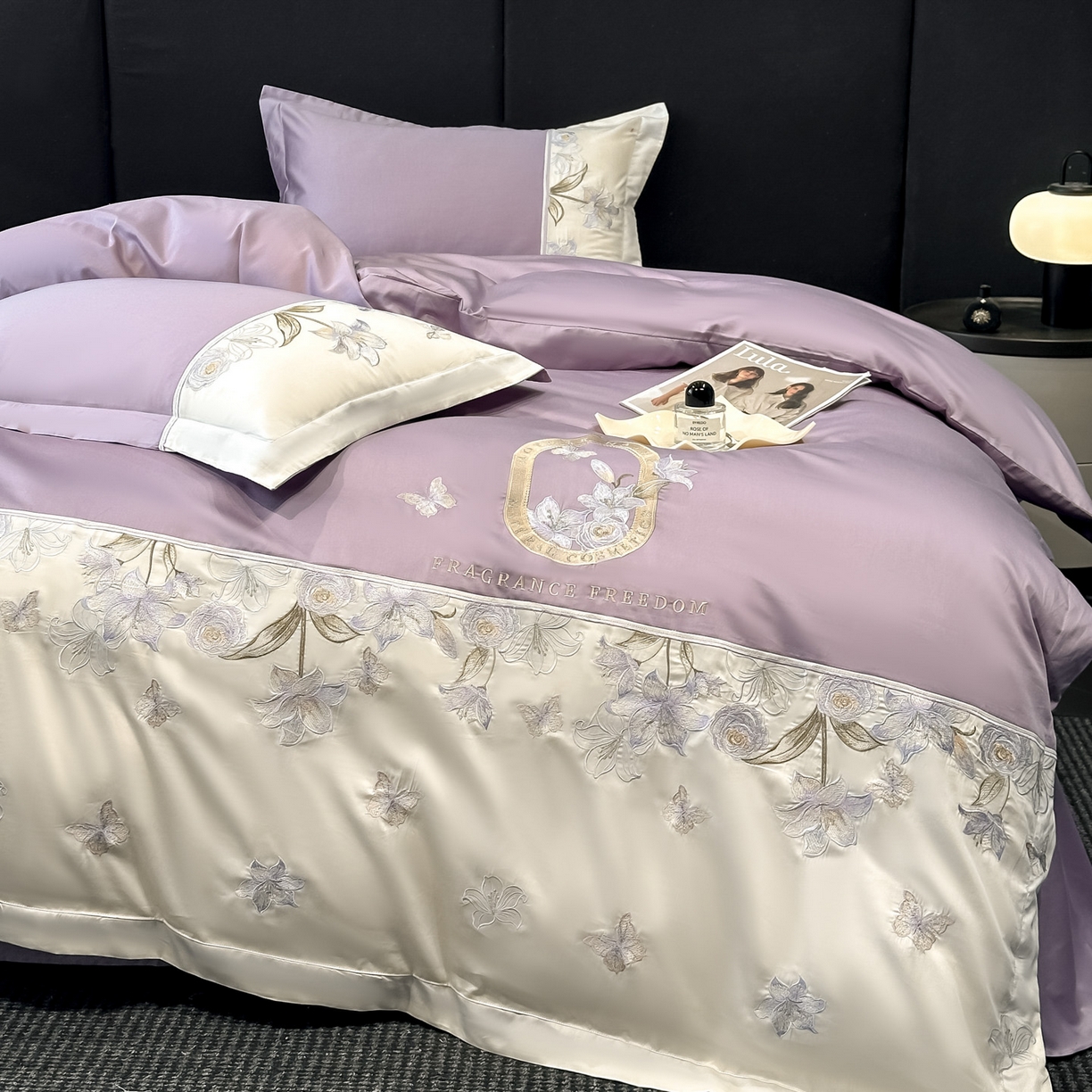 91家纺网 家纺一手货源 找家纺 欧乐蒂 2026新款亲肤棉刺绣四件套-花语 花语-黛紫