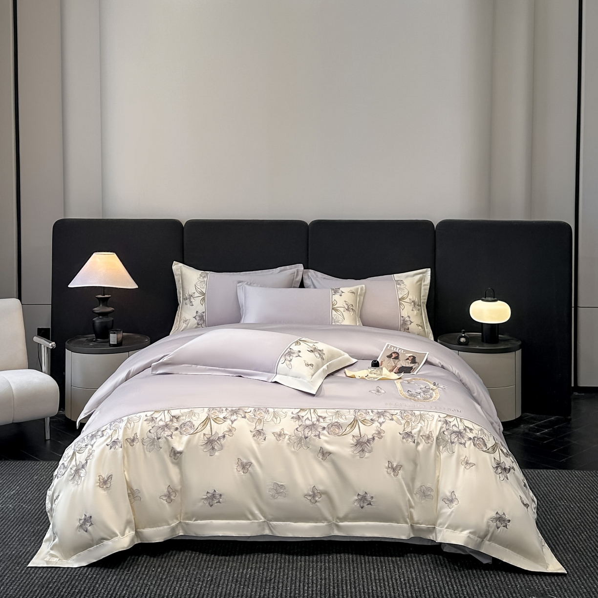 91家纺网 家纺一手货源 找家纺 欧乐蒂 2026新款亲肤棉刺绣四件套-花语 花语-雅灰