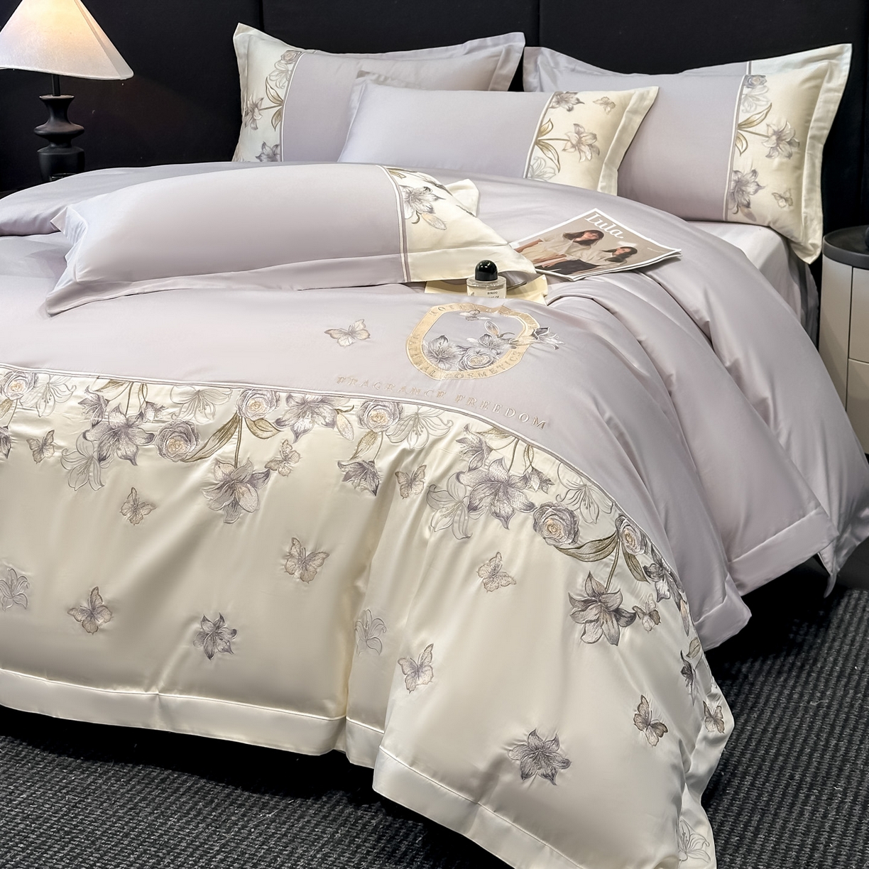 91家纺网 家纺一手货源 找家纺 欧乐蒂 2026新款亲肤棉刺绣四件套-花语 花语-雅灰