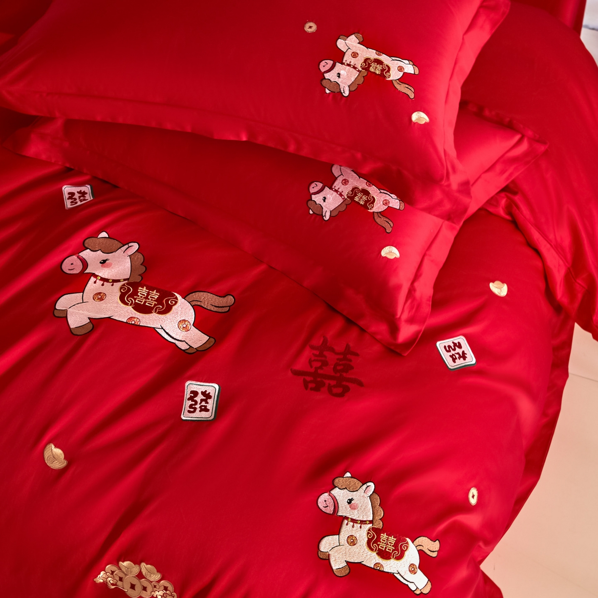 91家纺网 家纺一手货源 找家纺 （总）欧乐蒂 2026新款亲肤棉刺绣婚庆四件套-马上有喜