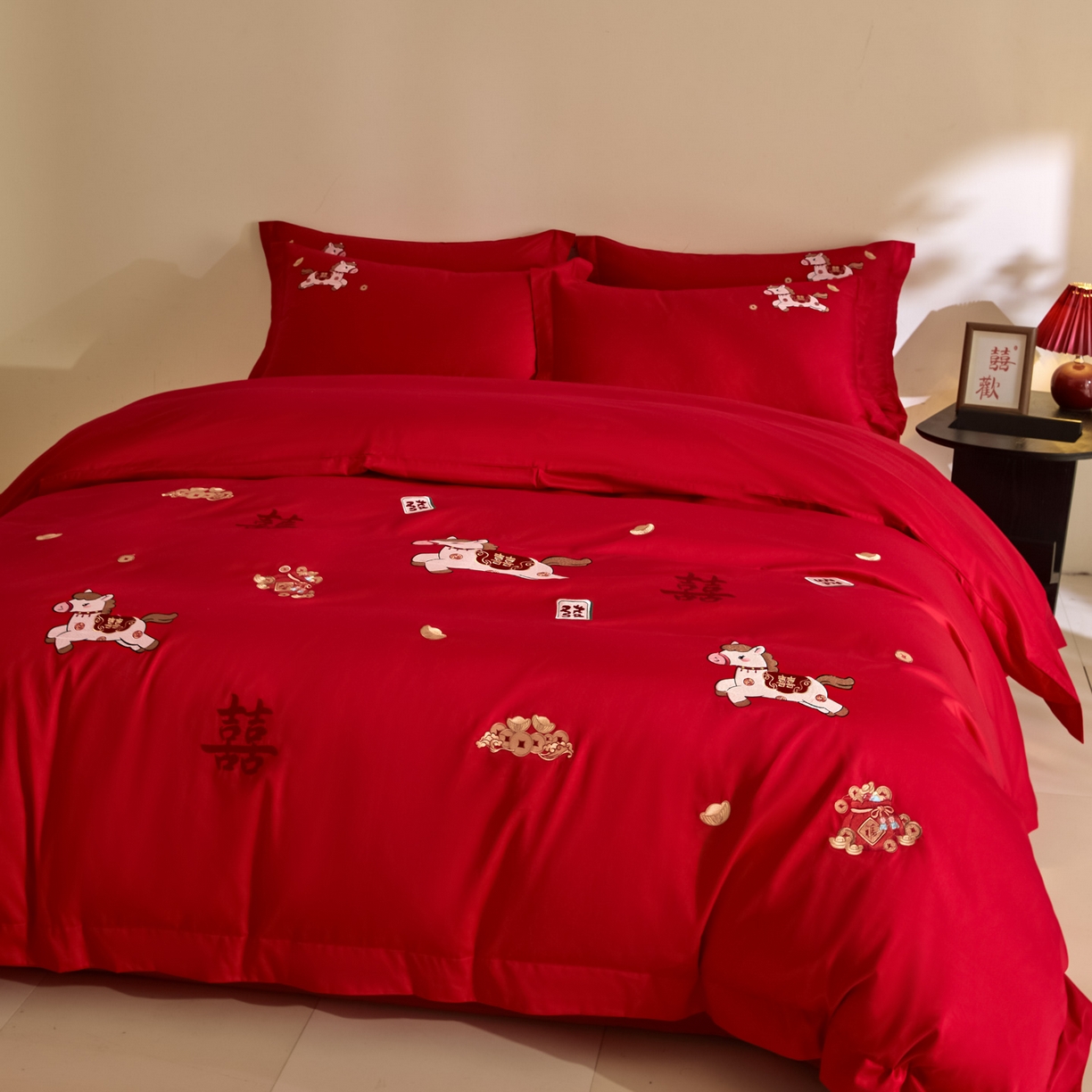 91家纺网 家纺一手货源 找家纺 （总）欧乐蒂 2026新款亲肤棉刺绣婚庆四件套-马上有喜