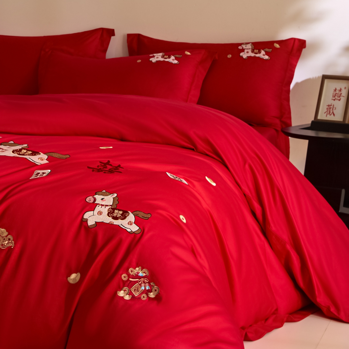 91家纺网 家纺一手货源 找家纺 （总）欧乐蒂 2026新款亲肤棉刺绣婚庆四件套-马上有喜