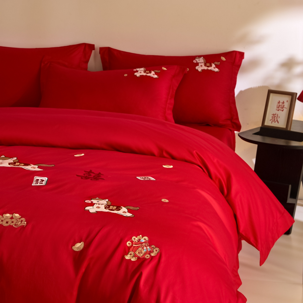 91家纺网 家纺一手货源 找家纺 （总）欧乐蒂 2026新款亲肤棉刺绣婚庆四件套-马上有喜