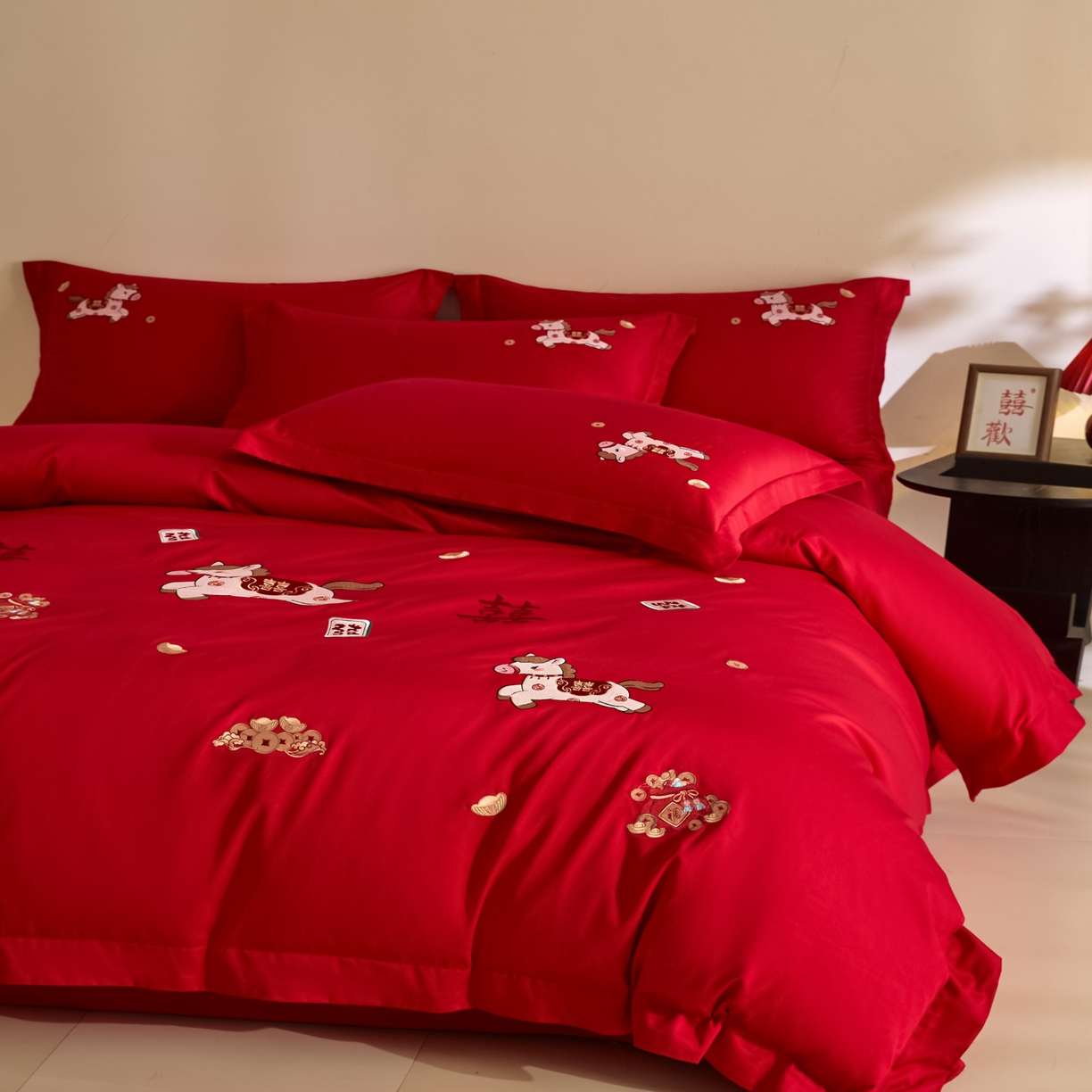 91家纺网 家纺一手货源 找家纺 （总）欧乐蒂 2026新款亲肤棉刺绣婚庆四件套-马上有喜