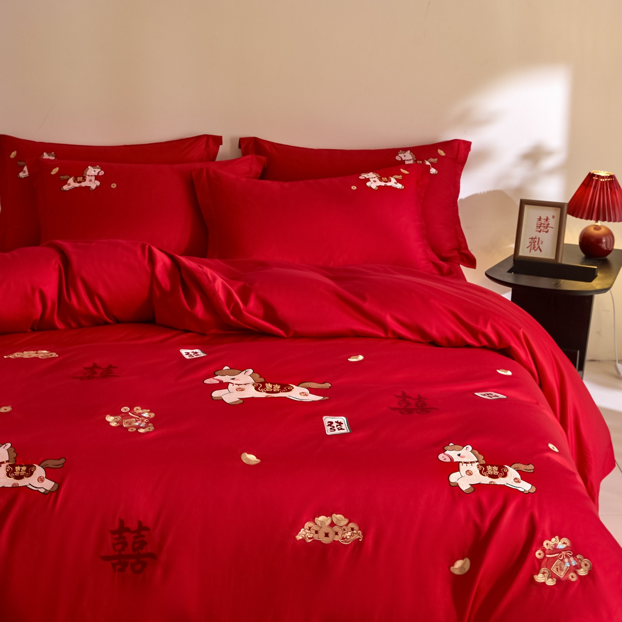 91家纺网 家纺一手货源 找家纺 （总）欧乐蒂 2026新款亲肤棉刺绣婚庆四件套-马上有喜