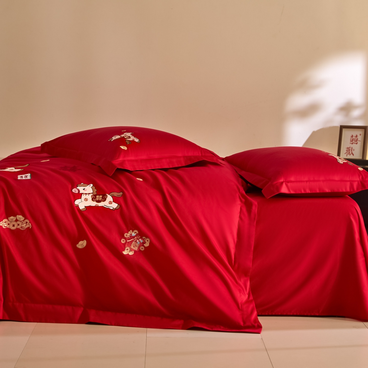 91家纺网 家纺一手货源 找家纺 （总）欧乐蒂 2026新款亲肤棉刺绣婚庆四件套-马上有喜