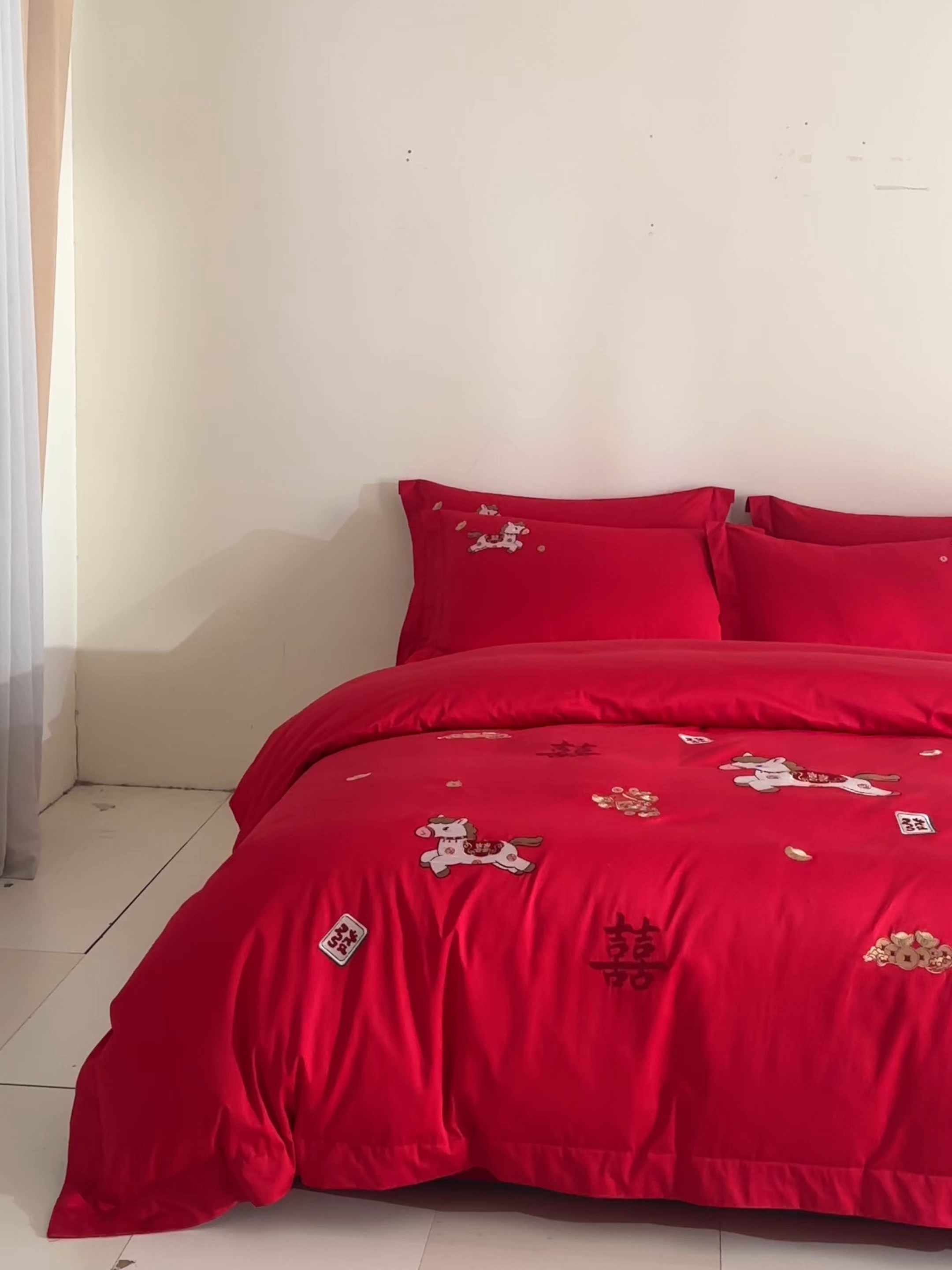 91家纺网 家纺一手货源 找家纺 （总）欧乐蒂 2026新款亲肤棉刺绣婚庆四件套-马上有喜