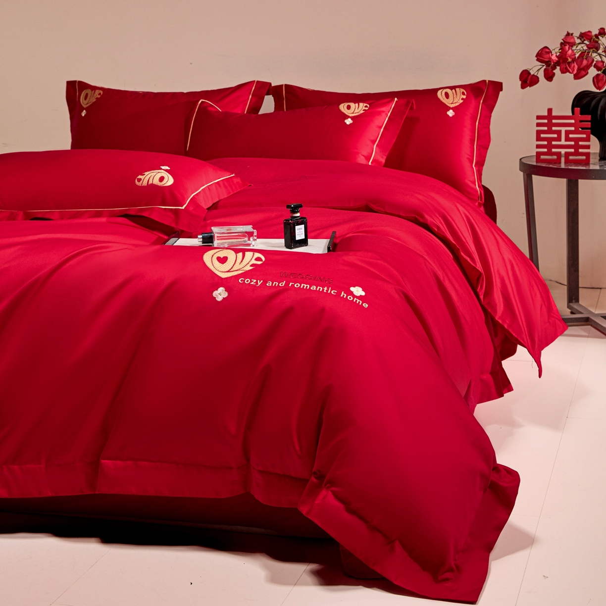 91家纺网 家纺一手货源 找家纺 （总）欧乐蒂 2026新款亲肤棉简约刺绣婚庆四件套