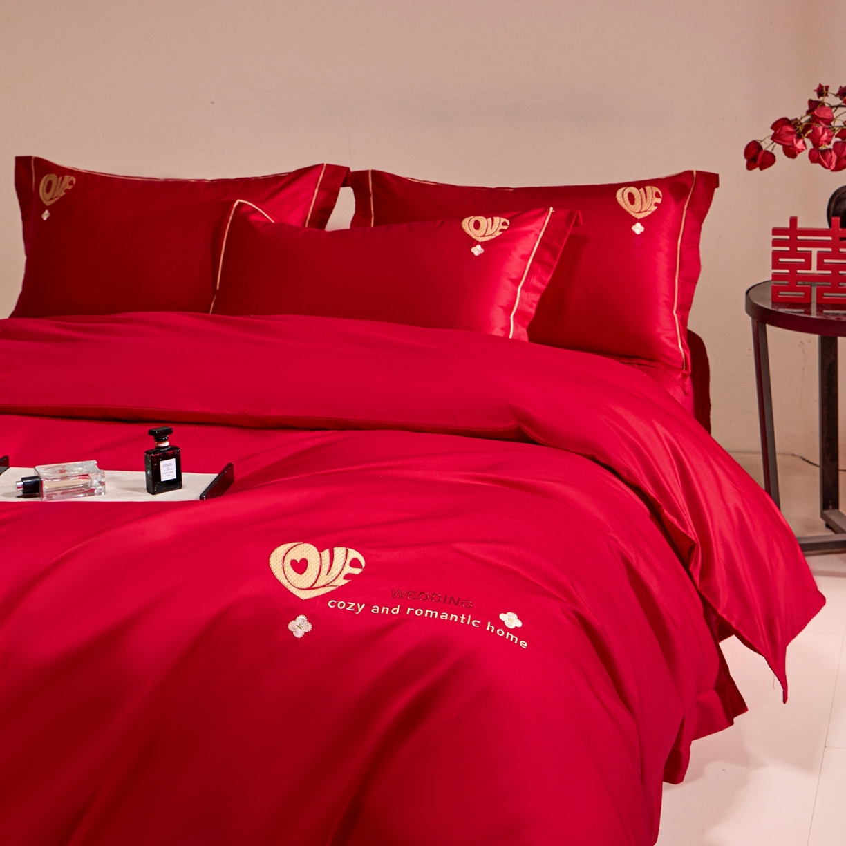 91家纺网 家纺一手货源 找家纺 （总）欧乐蒂 2026新款亲肤棉简约刺绣婚庆四件套