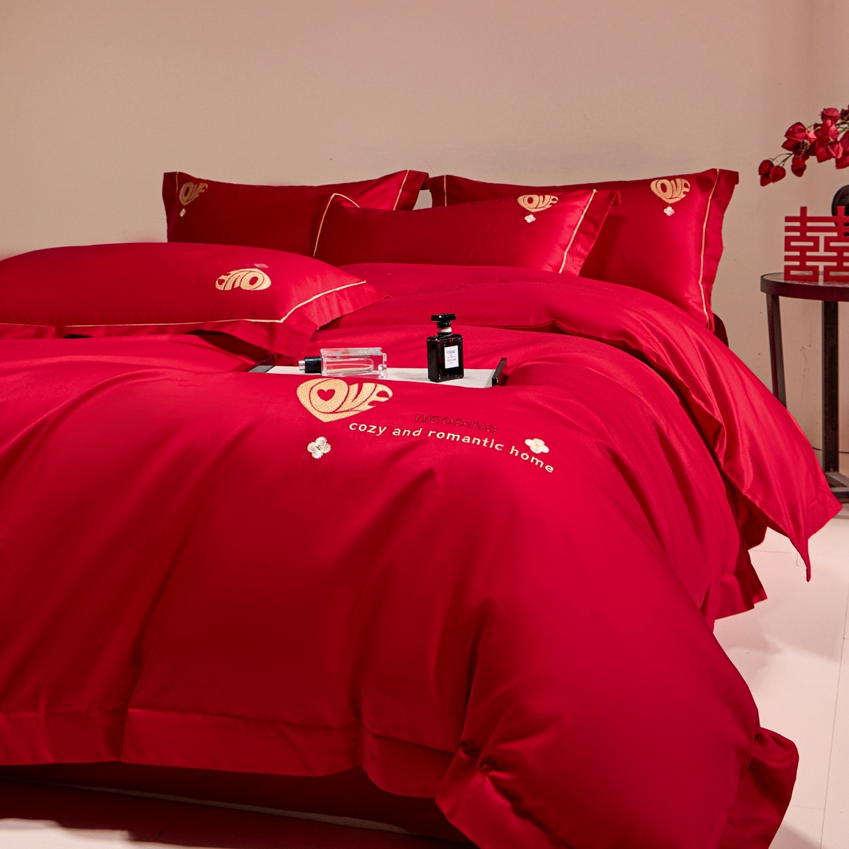 91家纺网 家纺一手货源 找家纺 （总）欧乐蒂 2026新款亲肤棉简约刺绣婚庆四件套