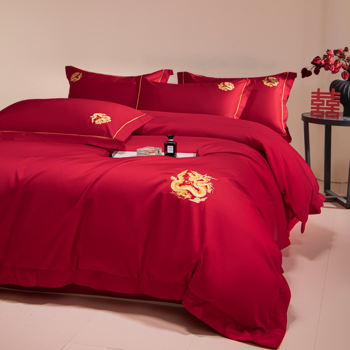 欧乐蒂 2026新款亲肤棉简约刺绣婚庆四件套 祥龙