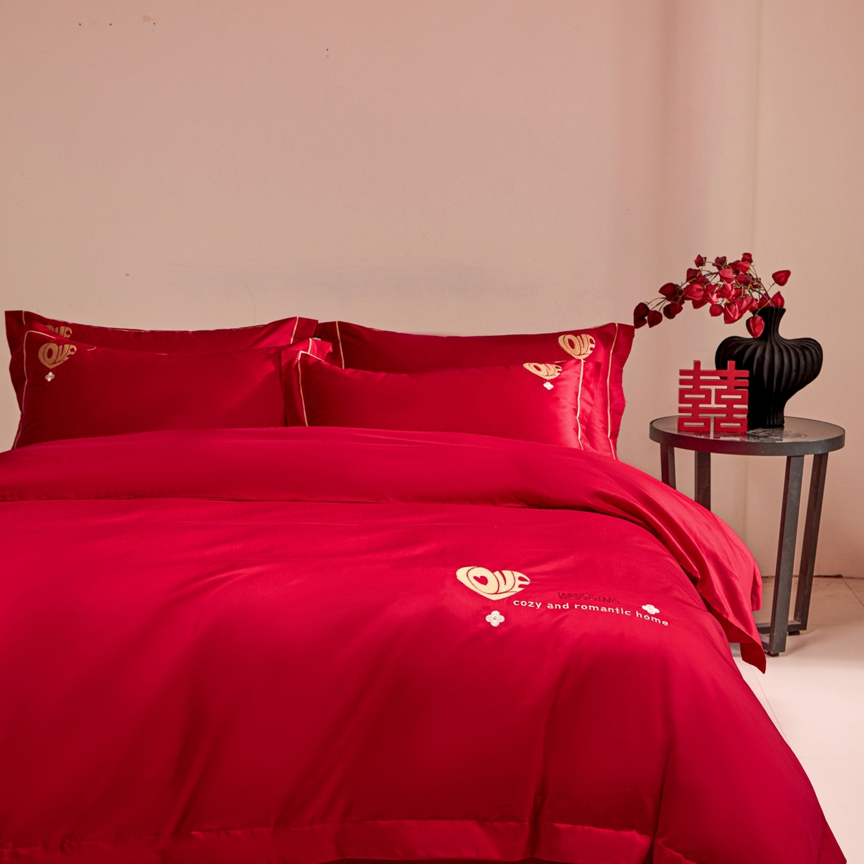 91家纺网 家纺一手货源 找家纺 欧乐蒂 2026新款亲肤棉简约刺绣婚庆四件套 喜爱