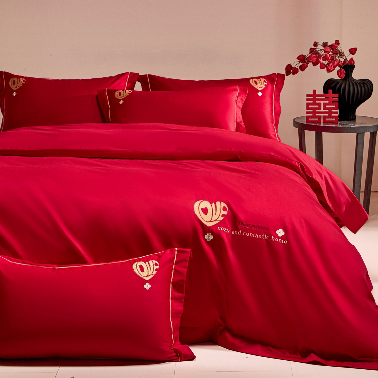 91家纺网 家纺一手货源 找家纺 欧乐蒂 2026新款亲肤棉简约刺绣婚庆四件套 喜爱