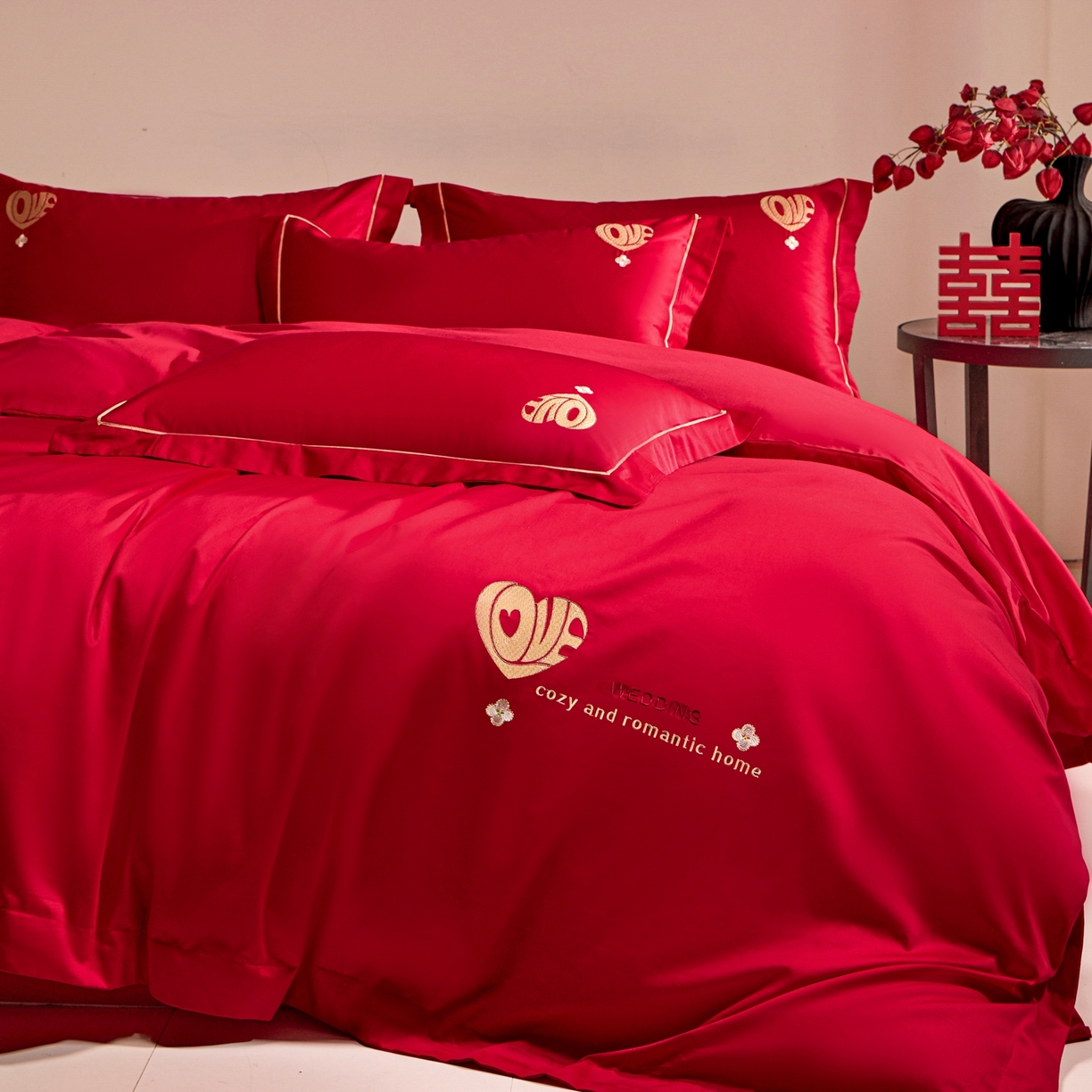 91家纺网 家纺一手货源 找家纺 欧乐蒂 2026新款亲肤棉简约刺绣婚庆四件套 喜爱