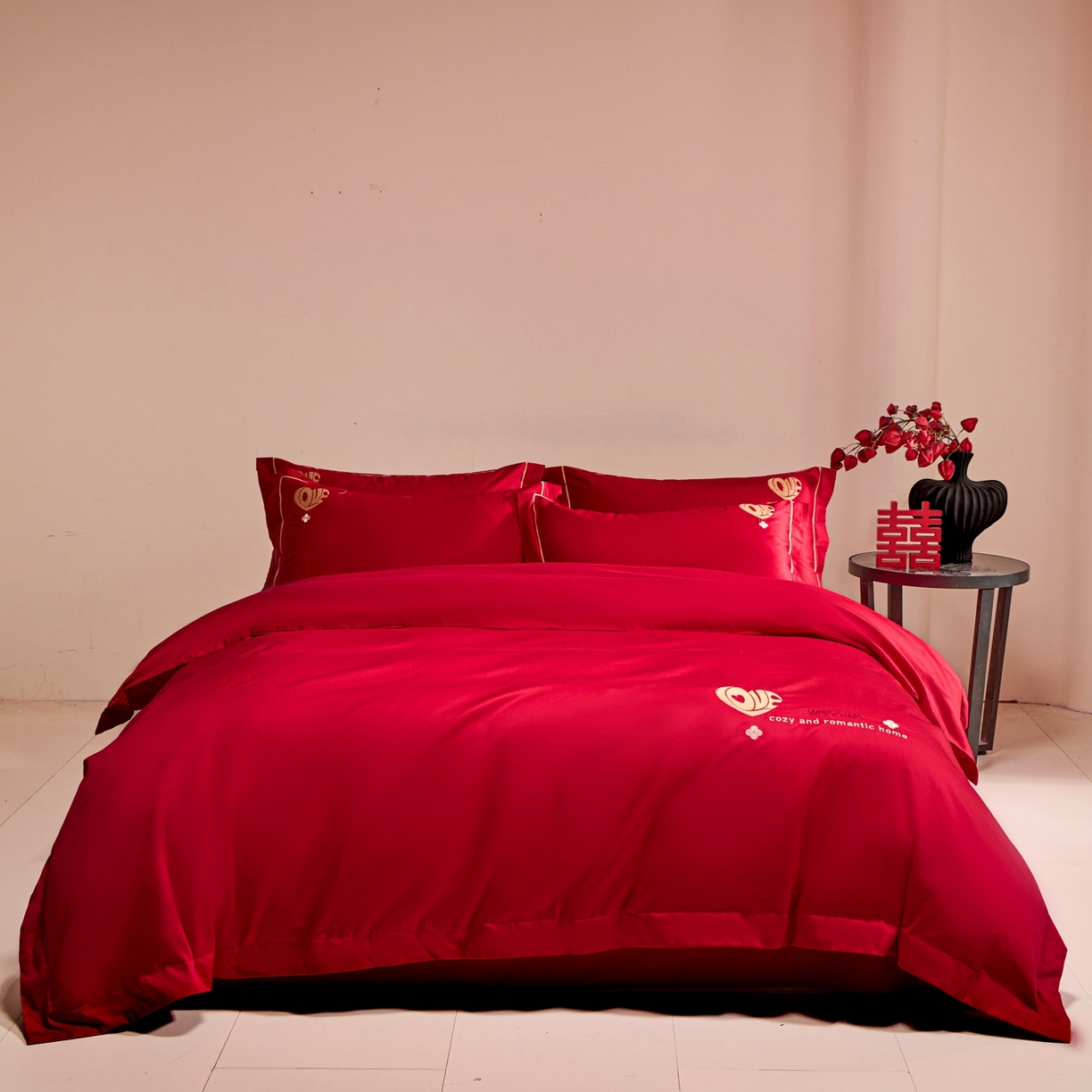 91家纺网 家纺一手货源 找家纺 欧乐蒂 2026新款亲肤棉简约刺绣婚庆四件套 喜爱