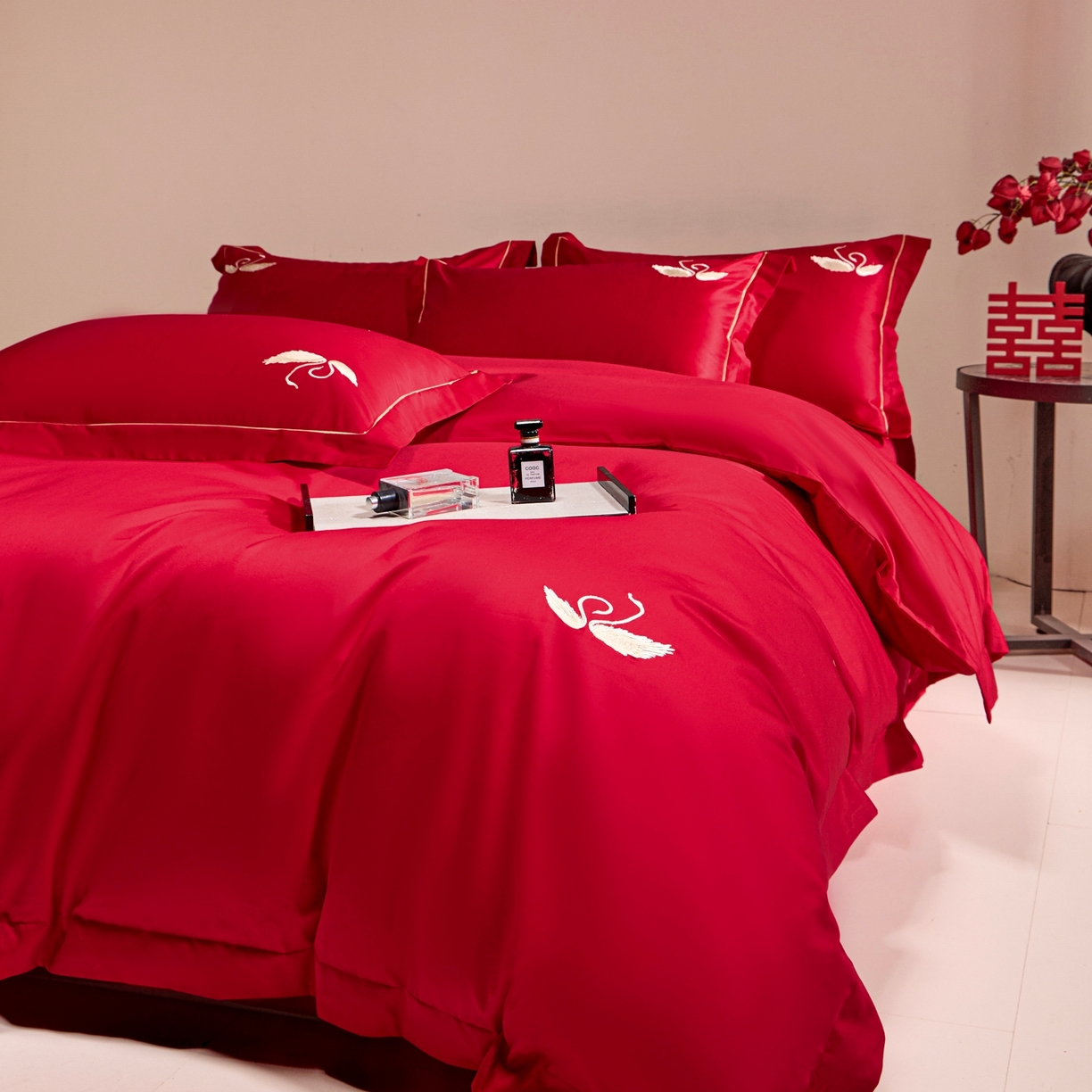 欧乐蒂 2026新款亲肤棉简约刺绣婚庆四件套 依偎