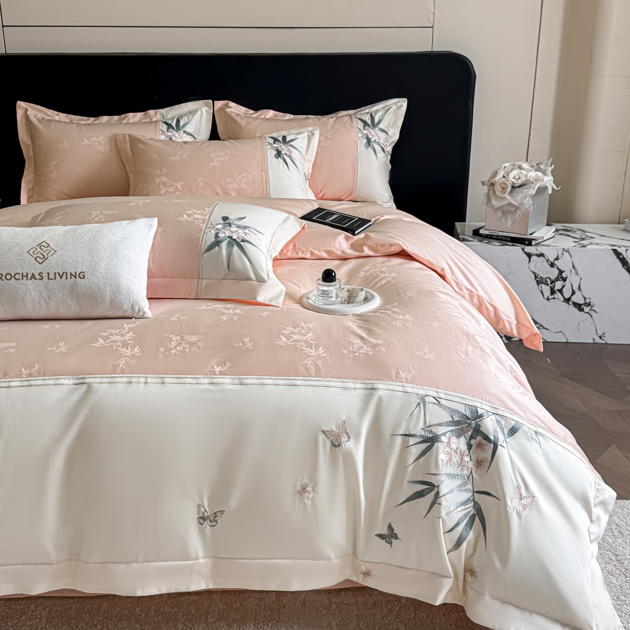 91家纺网 家纺一手货源 找家纺 欧乐蒂 2026新款高支高密亲肤棉提花刺绣四件套 竹韵-玉粉