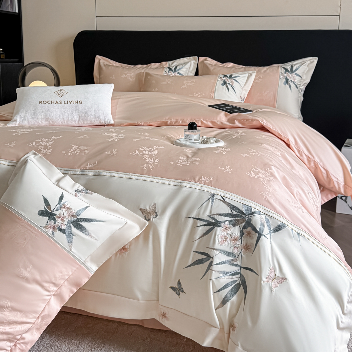 91家纺网 家纺一手货源 找家纺 欧乐蒂 2026新款高支高密亲肤棉提花刺绣四件套 竹韵-玉粉