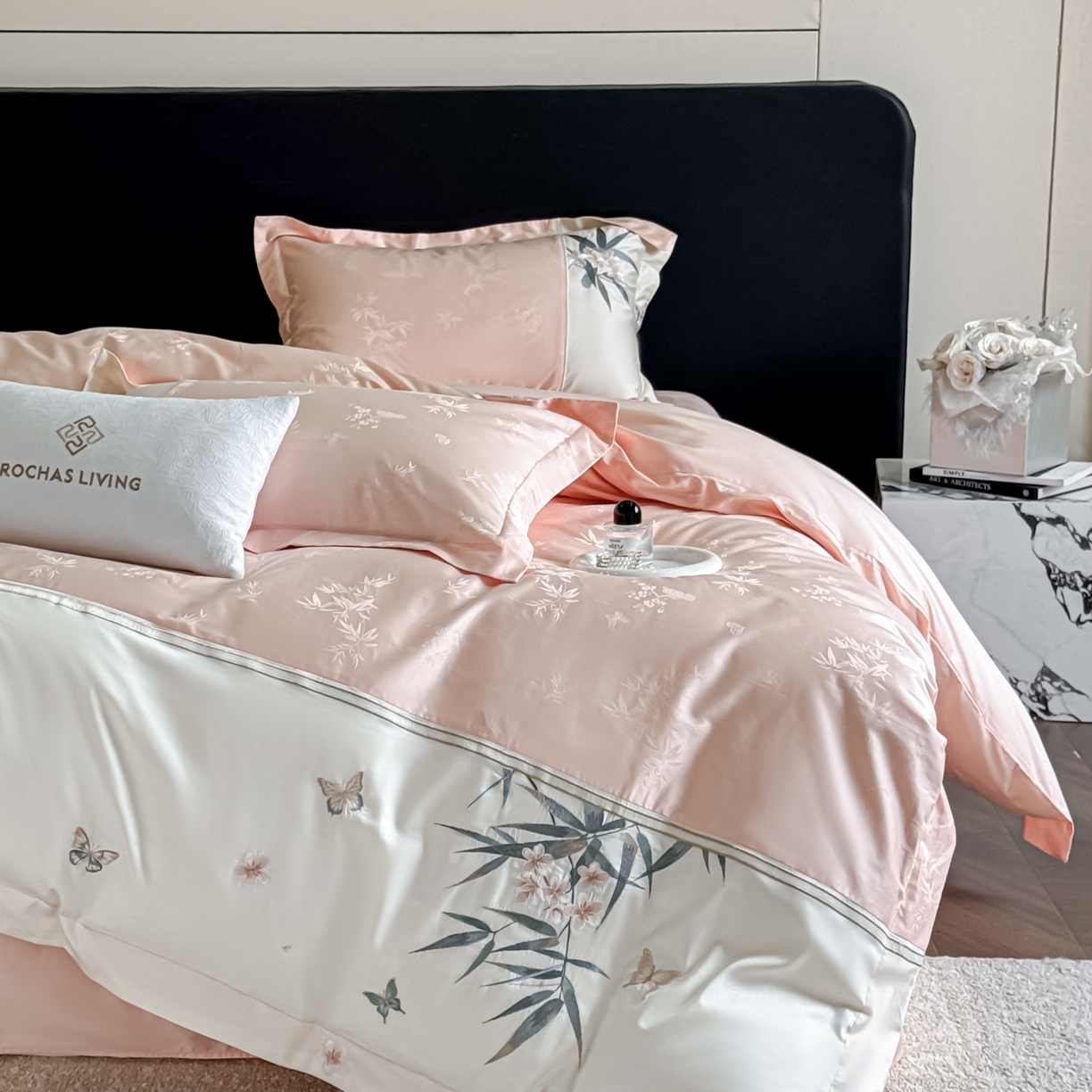 91家纺网 家纺一手货源 找家纺 欧乐蒂 2026新款高支高密亲肤棉提花刺绣四件套 竹韵-玉粉