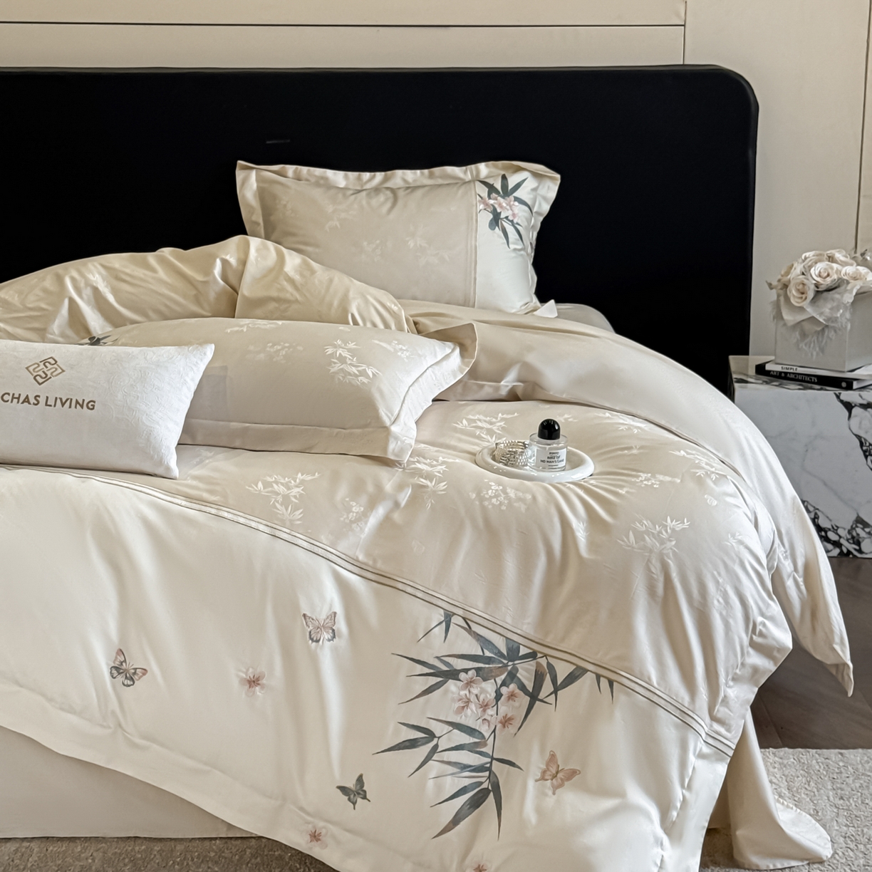 91家纺网 家纺一手货源 找家纺 欧乐蒂 2026新款高支高密亲肤棉提花刺绣四件套 竹韵-雅白