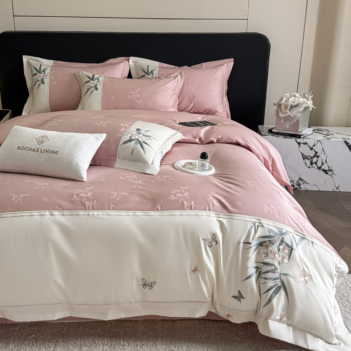 91家纺网 家纺一手货源 找家纺 欧乐蒂 2026新款高支高密亲肤棉提花刺绣四件套 竹韵-胭脂