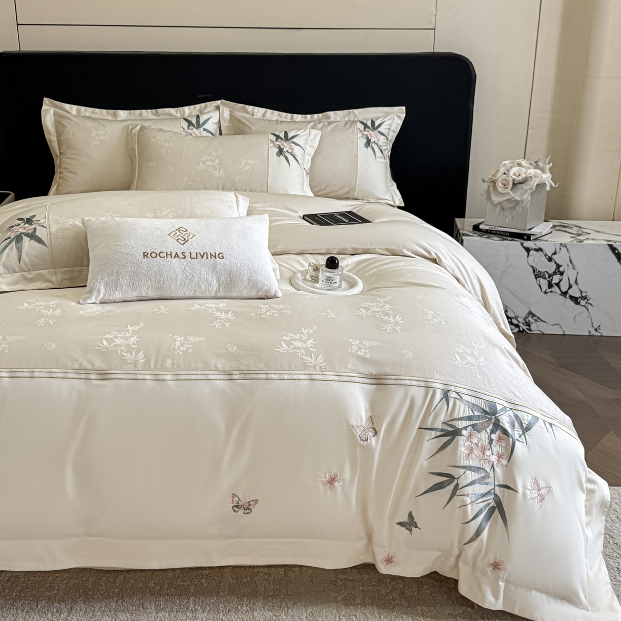 91家纺网 家纺一手货源 找家纺 欧乐蒂 2026新款高支高密亲肤棉提花刺绣四件套 竹韵-雅白