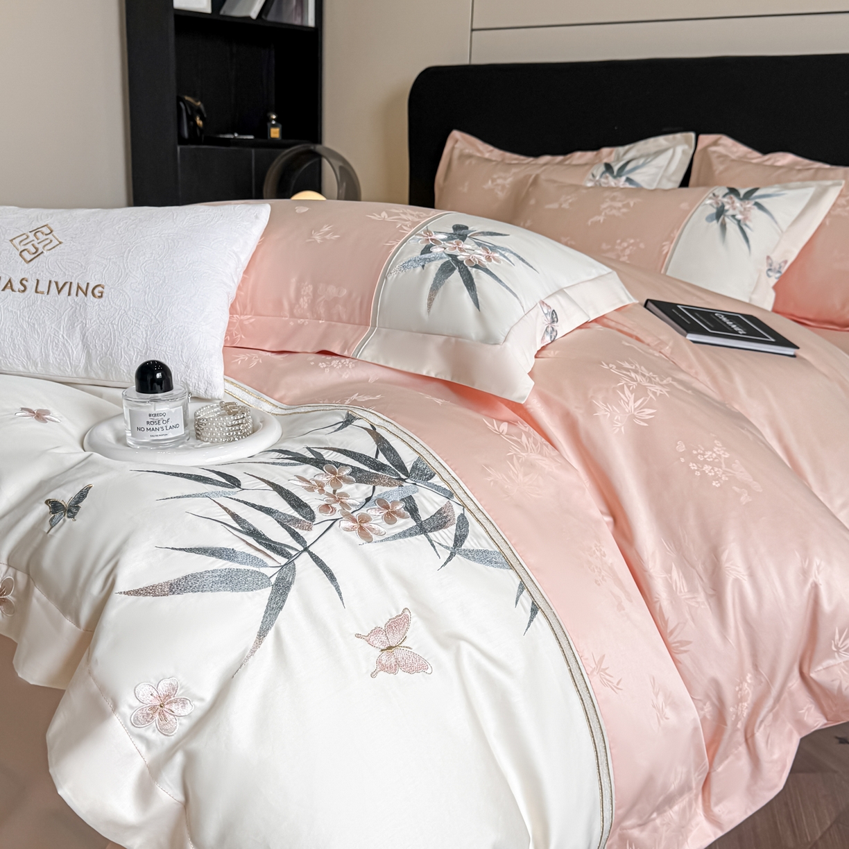 91家纺网 家纺一手货源 找家纺 欧乐蒂 2026新款高支高密亲肤棉提花刺绣四件套 竹韵-玉粉