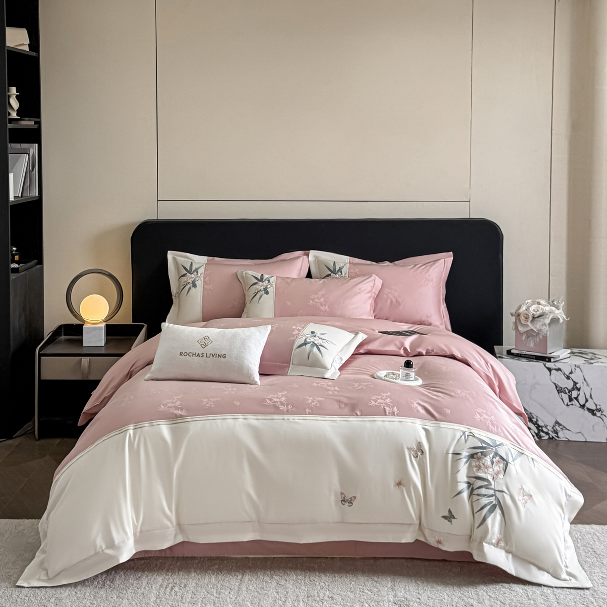 91家纺网 家纺一手货源 找家纺 欧乐蒂 2026新款高支高密亲肤棉提花刺绣四件套 竹韵-胭脂