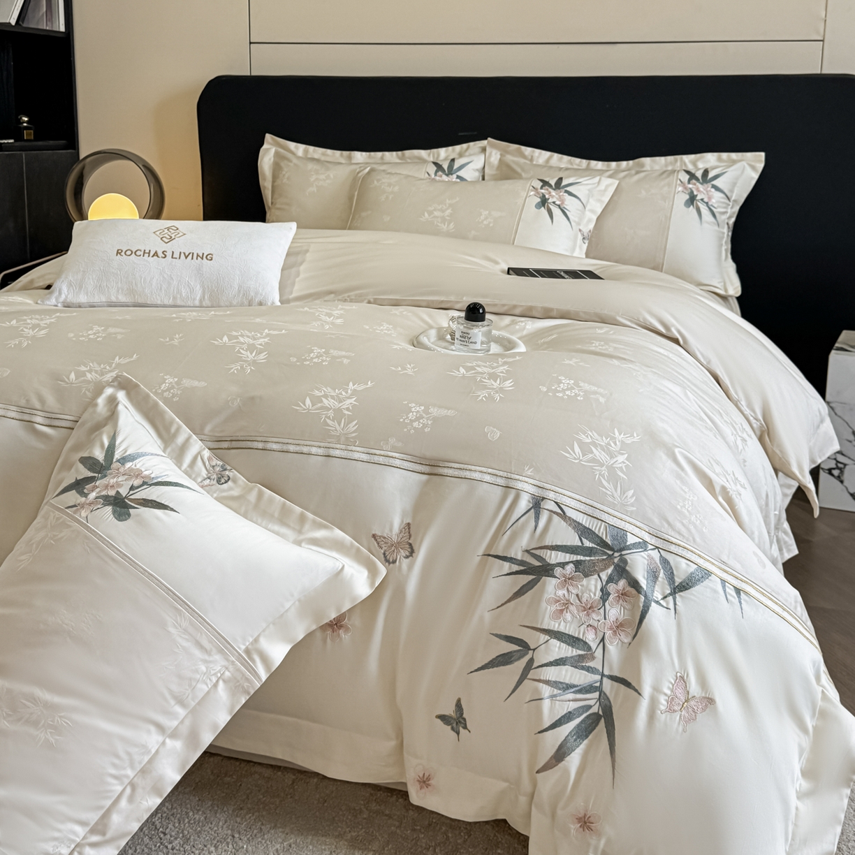 欧乐蒂 2026新款高支高密亲肤棉提花刺绣四件套 竹韵-雅白