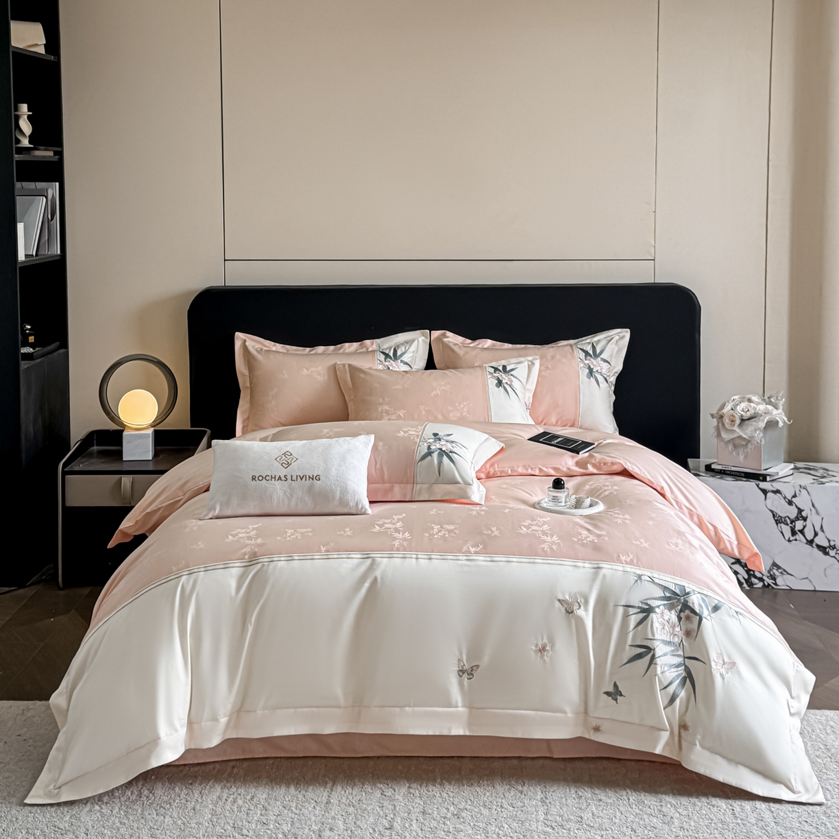 91家纺网 家纺一手货源 找家纺 欧乐蒂 2026新款高支高密亲肤棉提花刺绣四件套 竹韵-玉粉