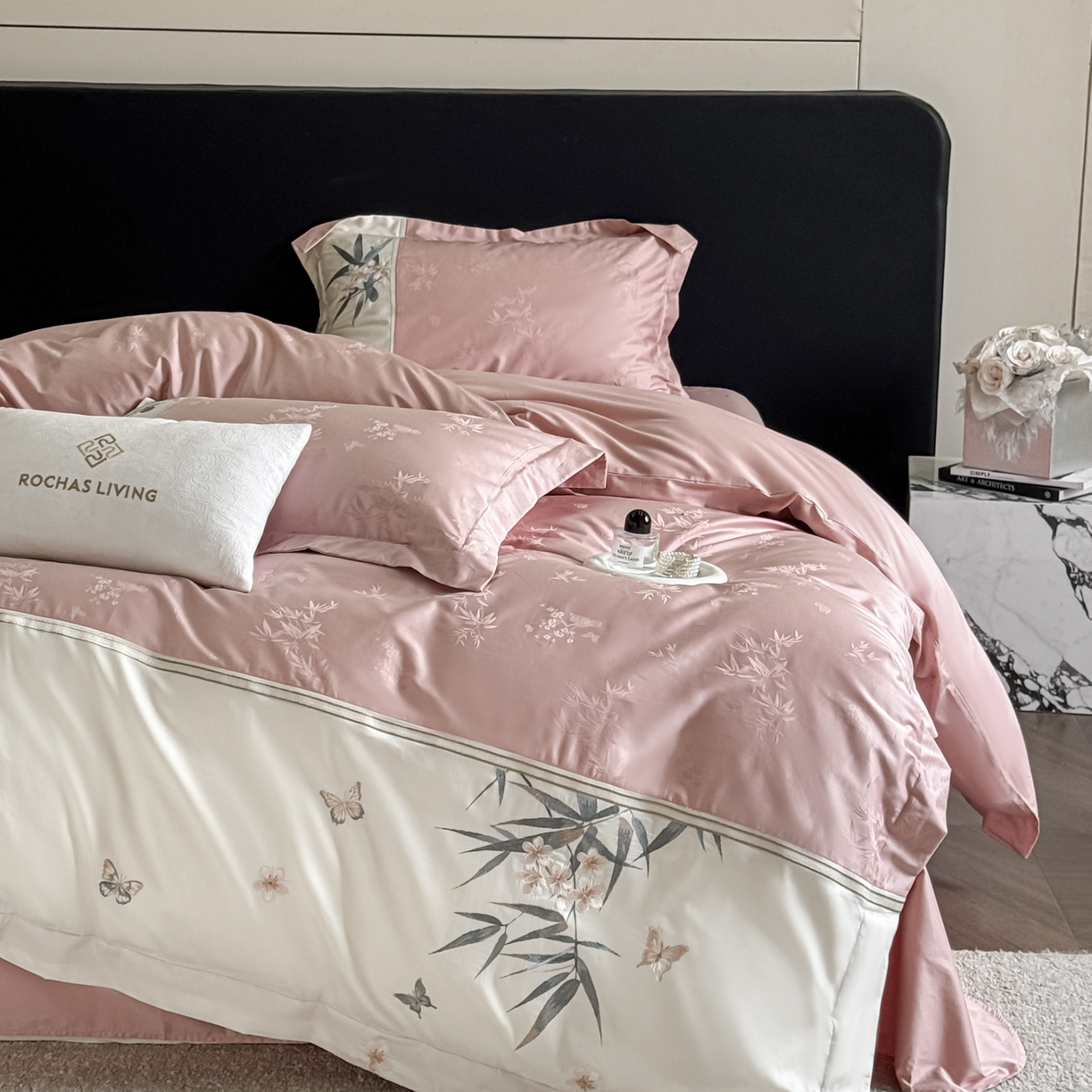 91家纺网 家纺一手货源 找家纺 欧乐蒂 2026新款高支高密亲肤棉提花刺绣四件套 竹韵-胭脂