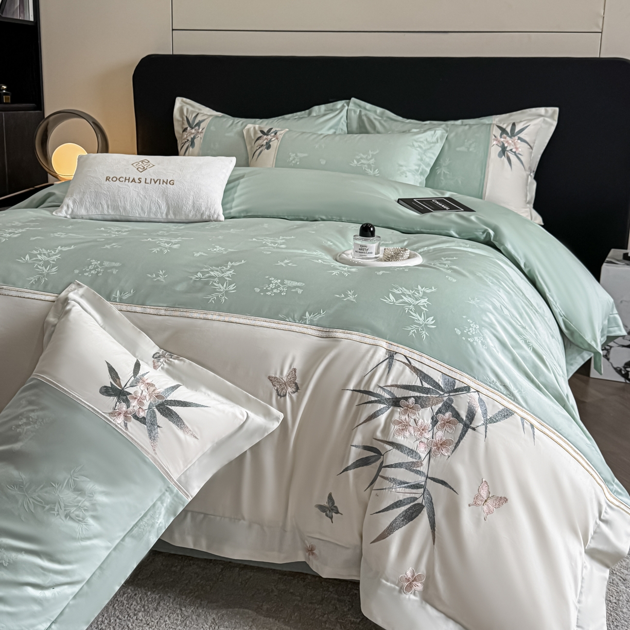 欧乐蒂 2026新款高支高密亲肤棉提花刺绣四件套 竹韵-翠兰