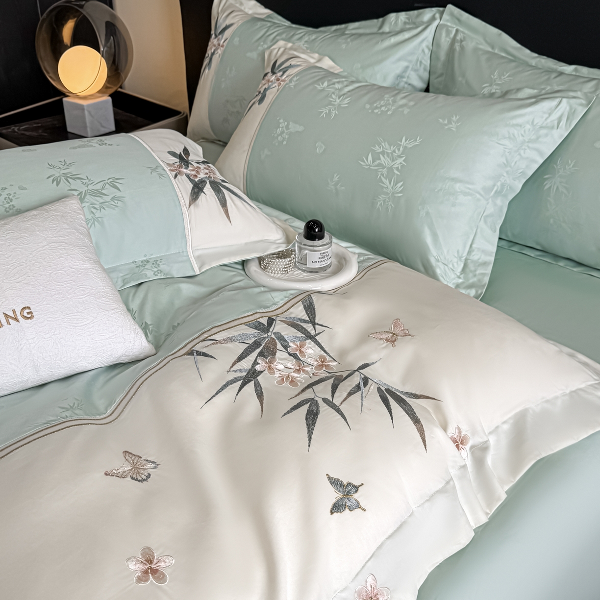 91家纺网 家纺一手货源 找家纺 欧乐蒂 2026新款高支高密亲肤棉提花刺绣四件套 竹韵-翠兰