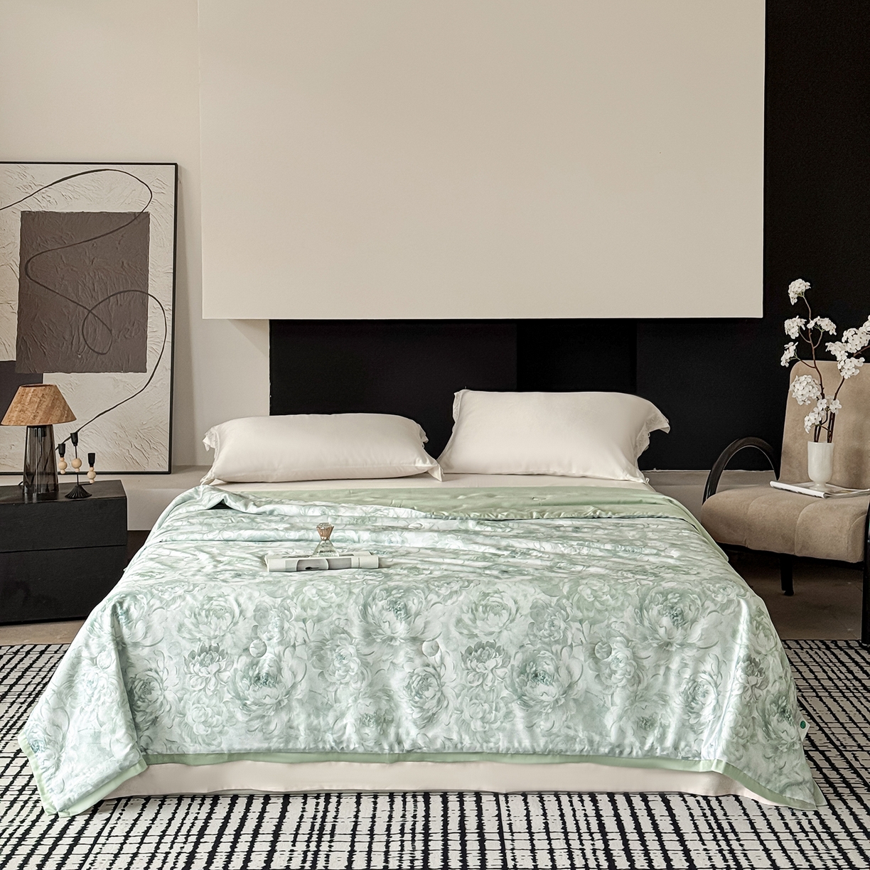 91家纺网 家纺一手货源 找家纺 摩时 2026春夏新款天丝印花夏被凉感空调被芯被子 白书绿雨