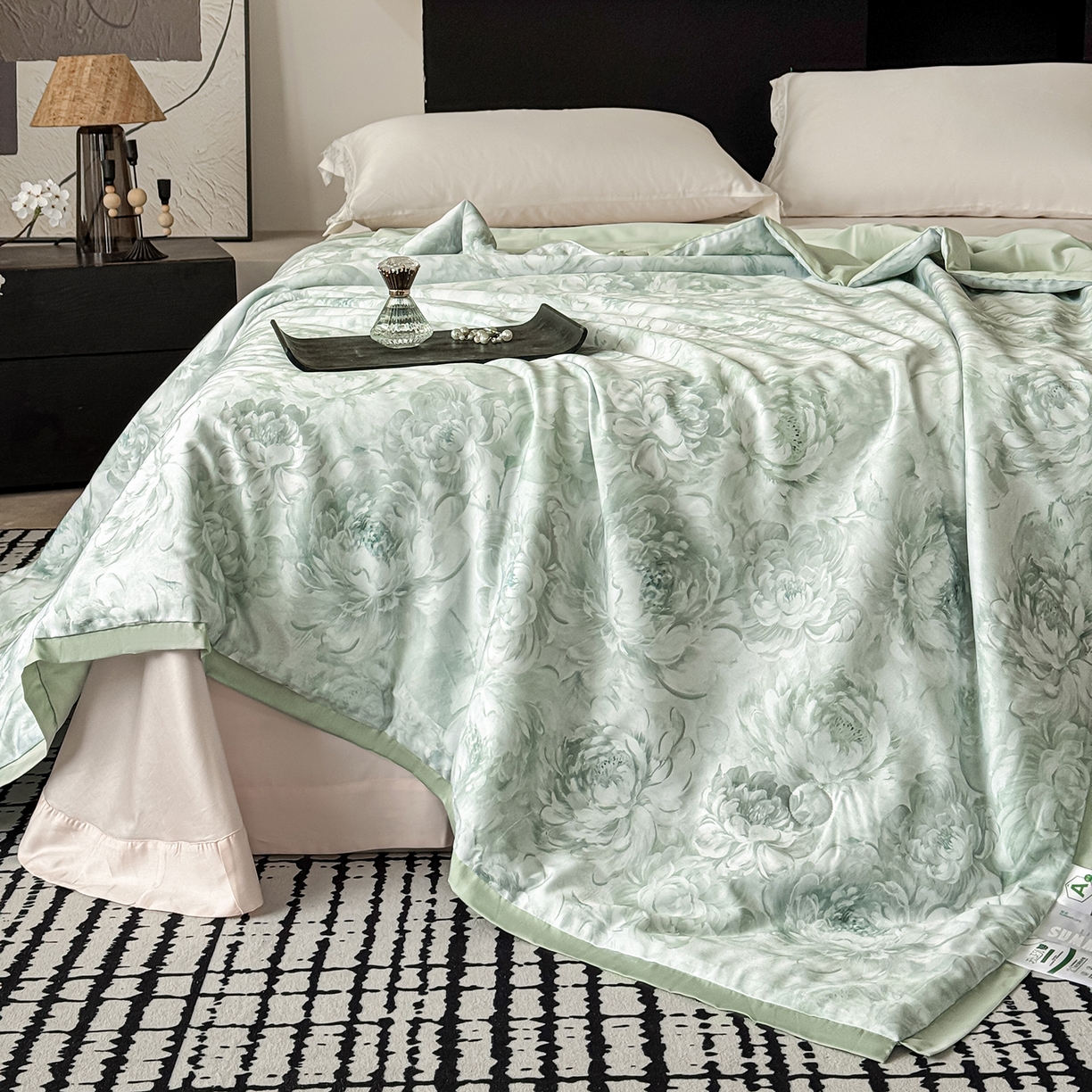 91家纺网 家纺一手货源 找家纺 摩时 2026春夏新款天丝印花夏被凉感空调被芯被子 白书绿雨