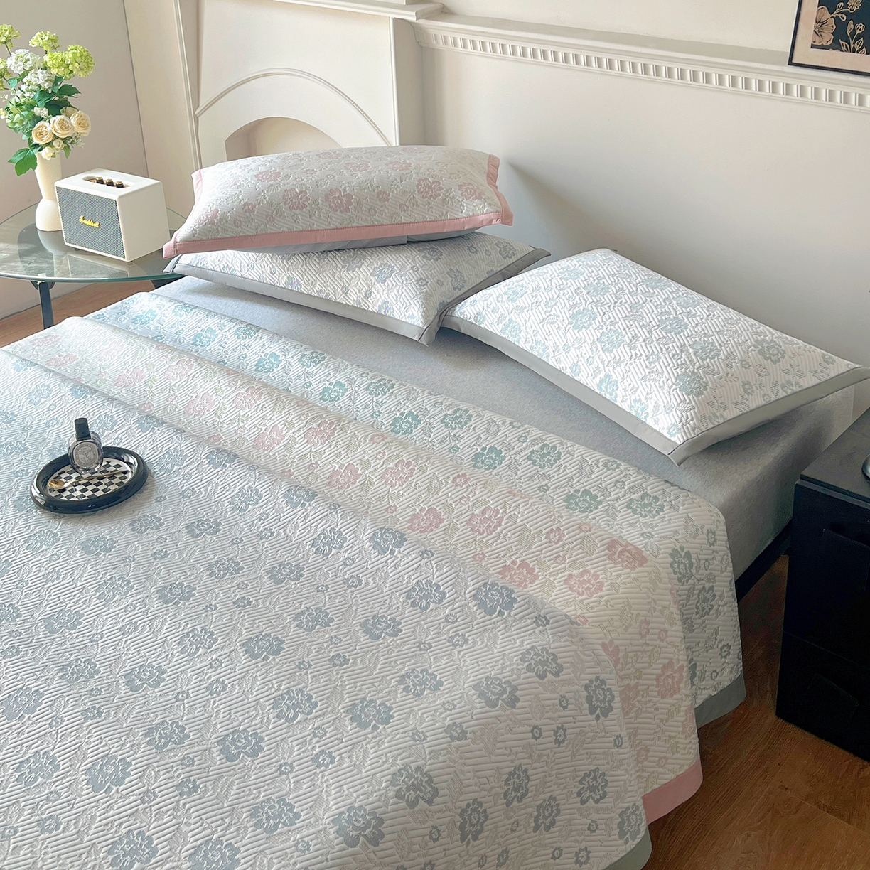 91家纺网 家纺一手货源 找家纺 卡初家居（原微来） 2026新款A类乙纶凉豆豆提花席凉席席子-花影系列 花影-新绿