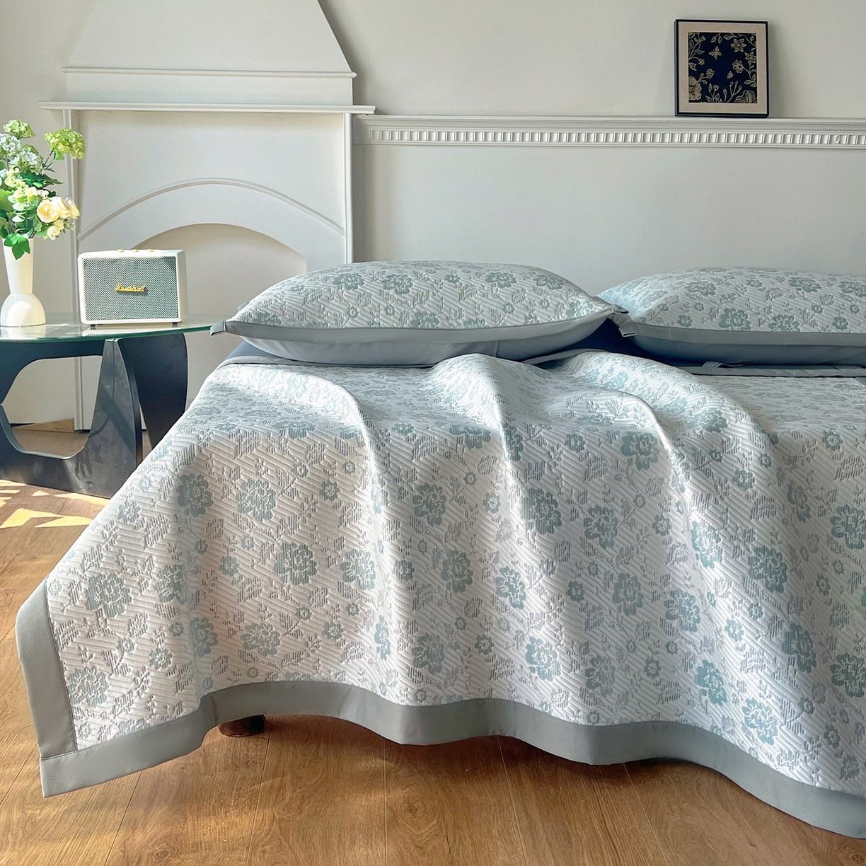 91家纺网 家纺一手货源 找家纺 卡初家居（原微来） 2026新款A类乙纶凉豆豆提花席凉席席子-花影系列 花影-新绿