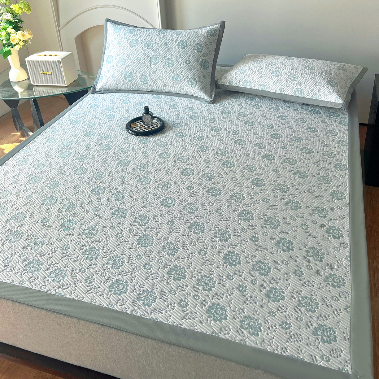 91家纺网 家纺一手货源 找家纺 卡初家居（原微来） 2026新款A类乙纶凉豆豆提花席凉席席子-花影系列 花影-新绿