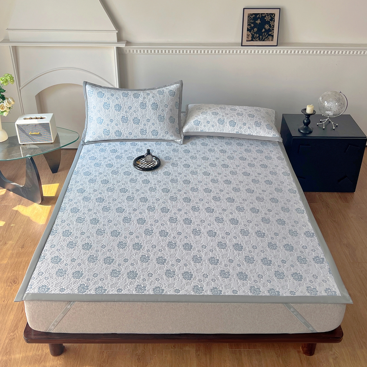 91家纺网 家纺一手货源 找家纺 卡初家居（原微来） 2026新款A类乙纶凉豆豆提花席凉席席子-花影系列 花影-天蓝