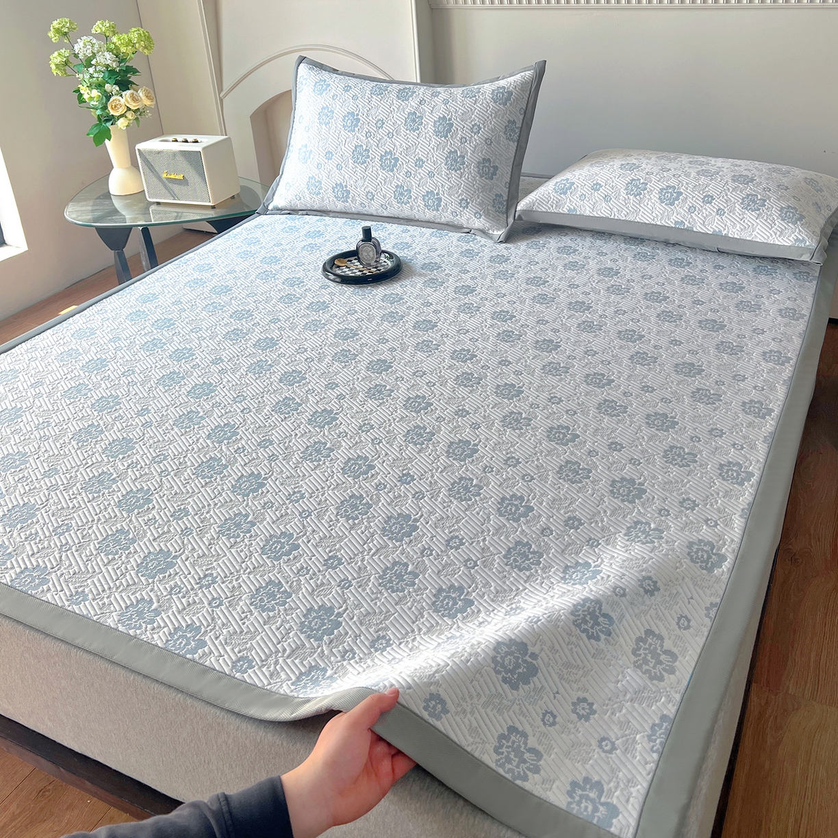 卡初家居（原微来） 2026新款A类乙纶凉豆豆提花席凉席席子-花影系列 花影-天蓝