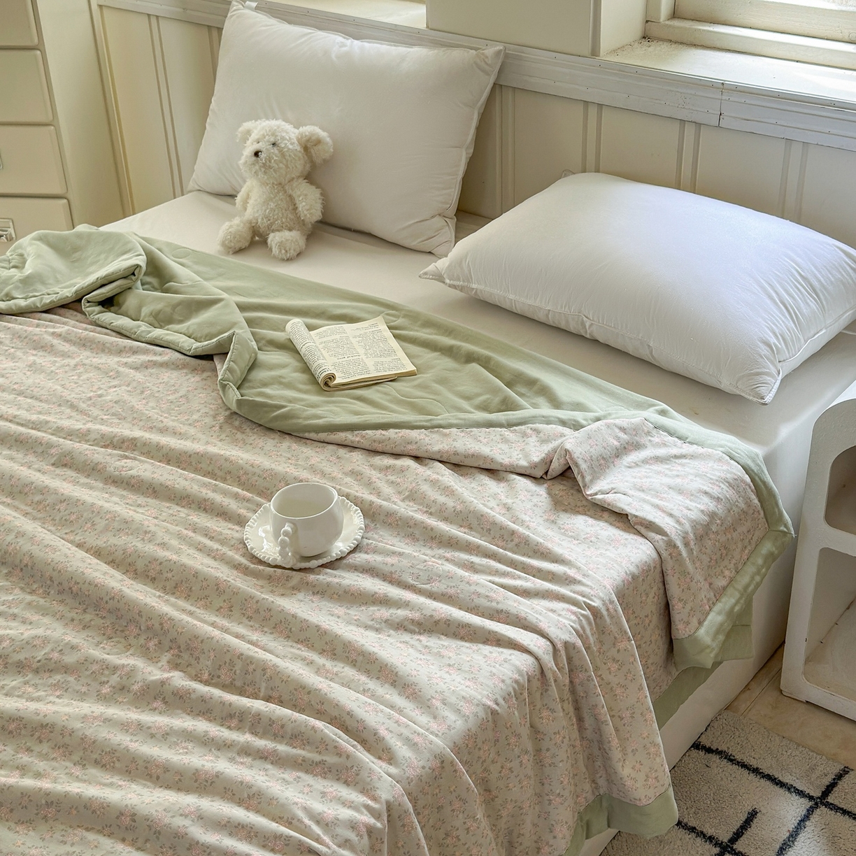 91家纺网 家纺一手货源 找家纺 摩时 2026新款全棉双层纱印花夏被夏凉被空调被 宛夏-绿