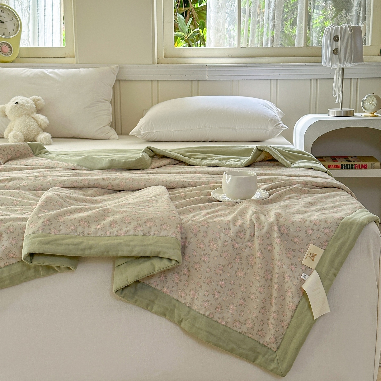 91家纺网 家纺一手货源 找家纺 摩时 2026新款全棉双层纱印花夏被夏凉被空调被 宛夏-绿